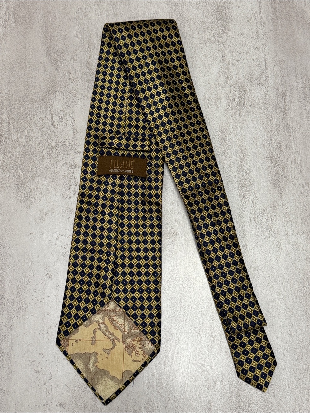 Alviero Martini Men's Navy and Gold Geometric Silk Tie, Made in Italy